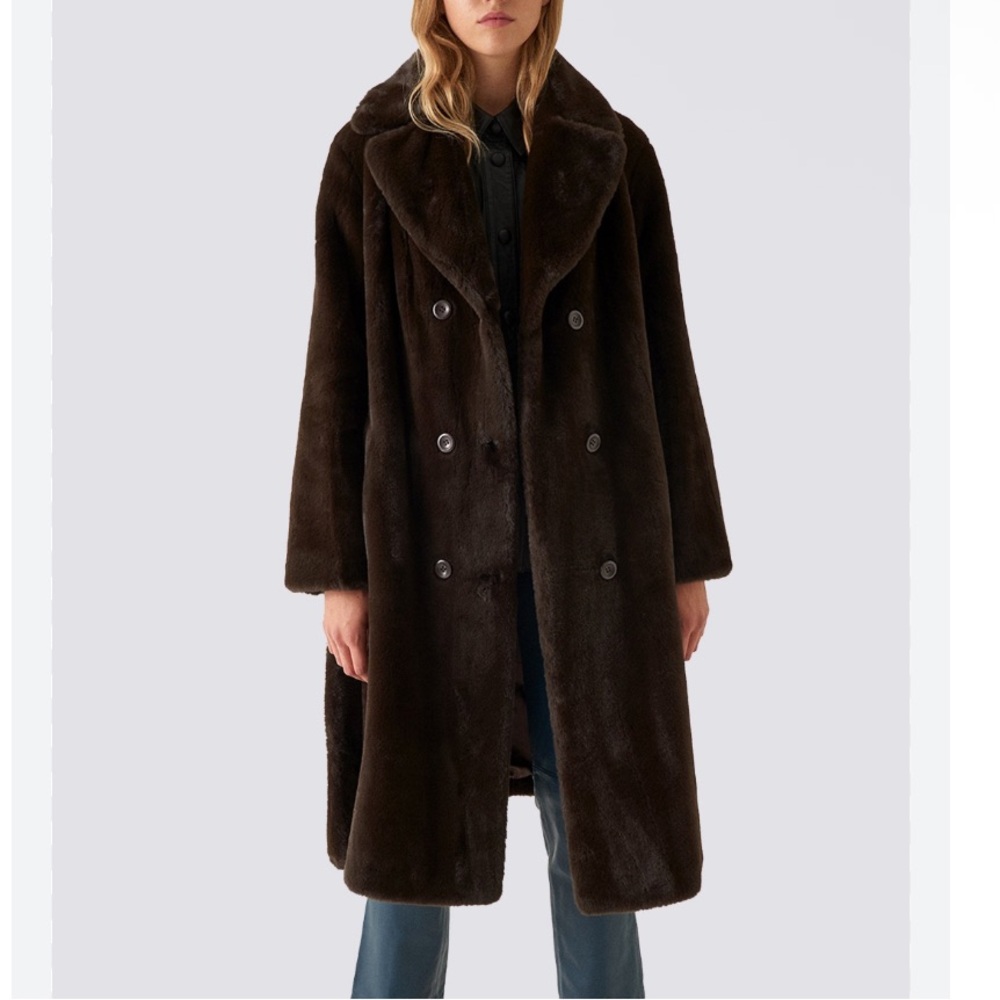 NWT Stand Studio Faustine Belted Double-Breasted Faux Fur Coat Chocolate Brown